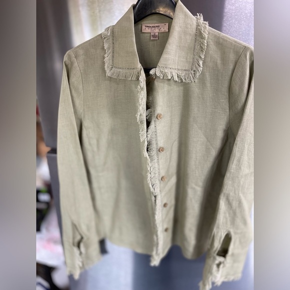 100% LINEN Trousers ETC New York women Sz 6 light green w/fringe shacket money - Picture 1 of 16